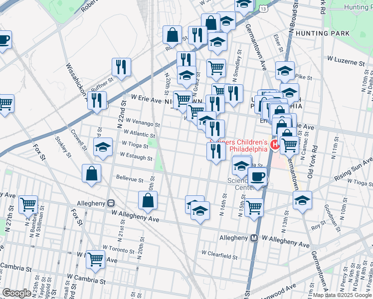 map of restaurants, bars, coffee shops, grocery stores, and more near 3532 North Gratz Street in Philadelphia