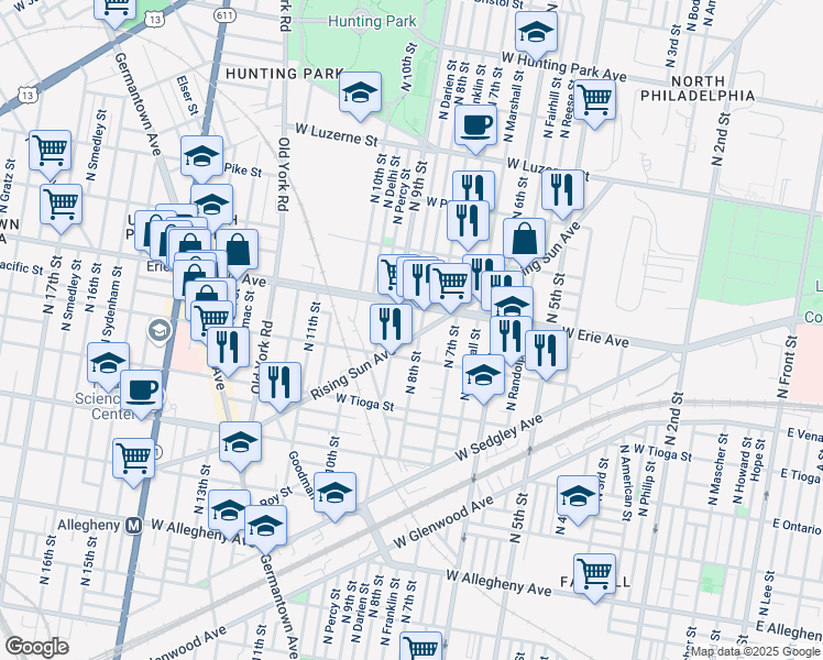 map of restaurants, bars, coffee shops, grocery stores, and more near 3639 North Darien Street in Philadelphia