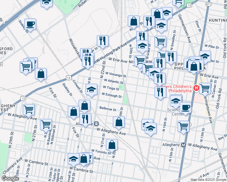 map of restaurants, bars, coffee shops, grocery stores, and more near 2034 West Tioga Street in Philadelphia