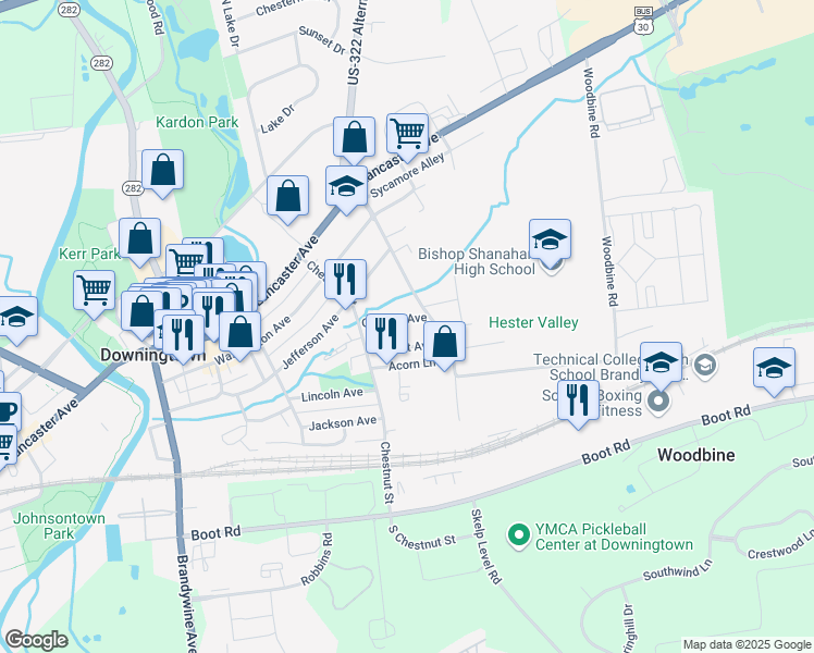 map of restaurants, bars, coffee shops, grocery stores, and more near 432 Garfield Avenue in Downingtown