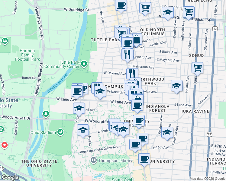 map of restaurants, bars, coffee shops, grocery stores, and more near 67 West Northwood Avenue in Columbus