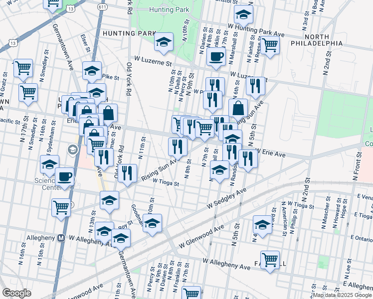 map of restaurants, bars, coffee shops, grocery stores, and more near 3639 North Darien Street in Philadelphia