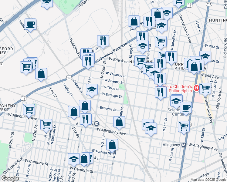 map of restaurants, bars, coffee shops, grocery stores, and more near 2036 West Tioga Street in Philadelphia