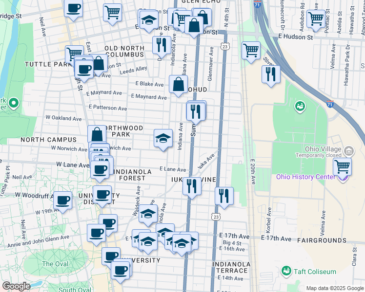 map of restaurants, bars, coffee shops, grocery stores, and more near 2181 Summit Street in Columbus
