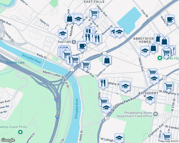 map of restaurants, bars, coffee shops, grocery stores, and more near 4055 Ridge Avenue in Philadelphia