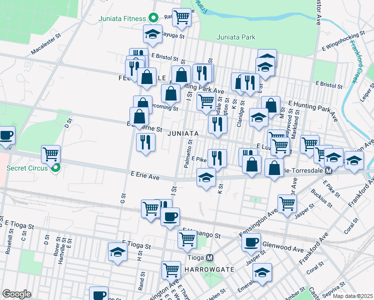 map of restaurants, bars, coffee shops, grocery stores, and more near 3943 Palmetto Street in Philadelphia