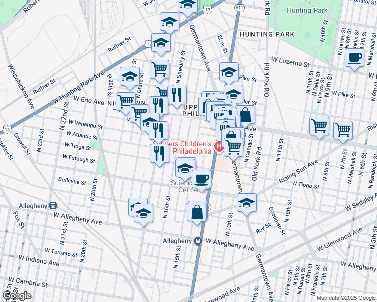 map of restaurants, bars, coffee shops, grocery stores, and more near 3525 North Sydenham Street in Philadelphia