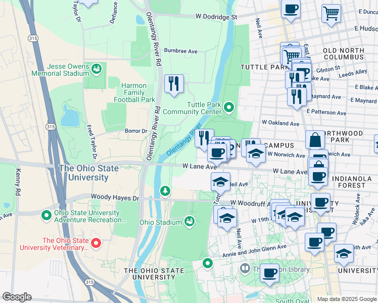 map of restaurants, bars, coffee shops, grocery stores, and more near 364 West Lane Avenue in Columbus