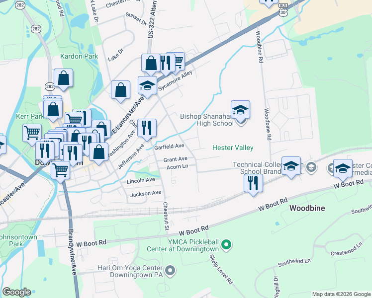 map of restaurants, bars, coffee shops, grocery stores, and more near 234 Whiteland Avenue in Downingtown