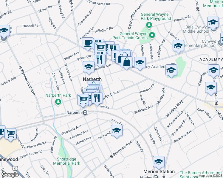 map of restaurants, bars, coffee shops, grocery stores, and more near 109 Iona Avenue in Narberth