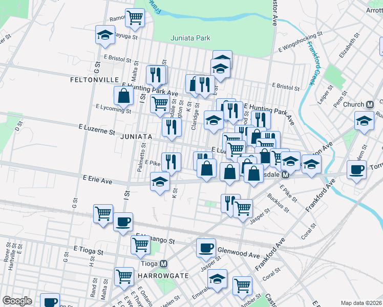 map of restaurants, bars, coffee shops, grocery stores, and more near 1233 East Luzerne Street in Philadelphia
