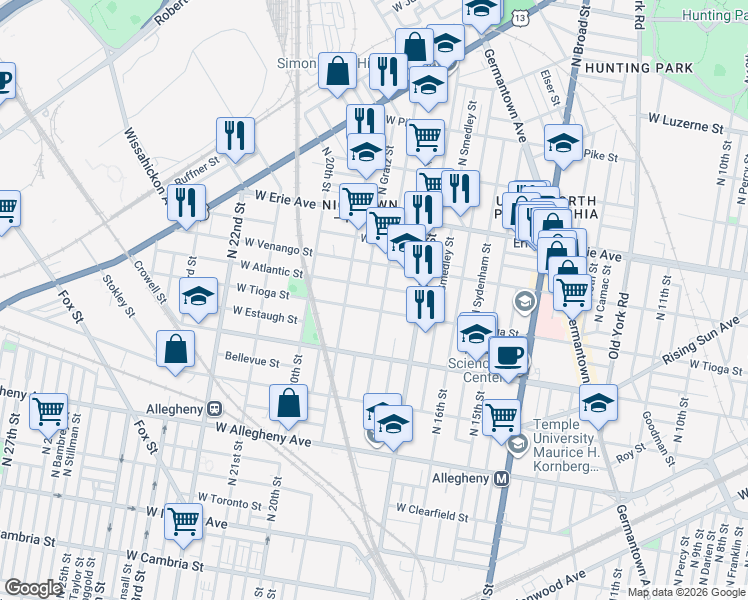 map of restaurants, bars, coffee shops, grocery stores, and more near 1801 West Tioga Street in Philadelphia