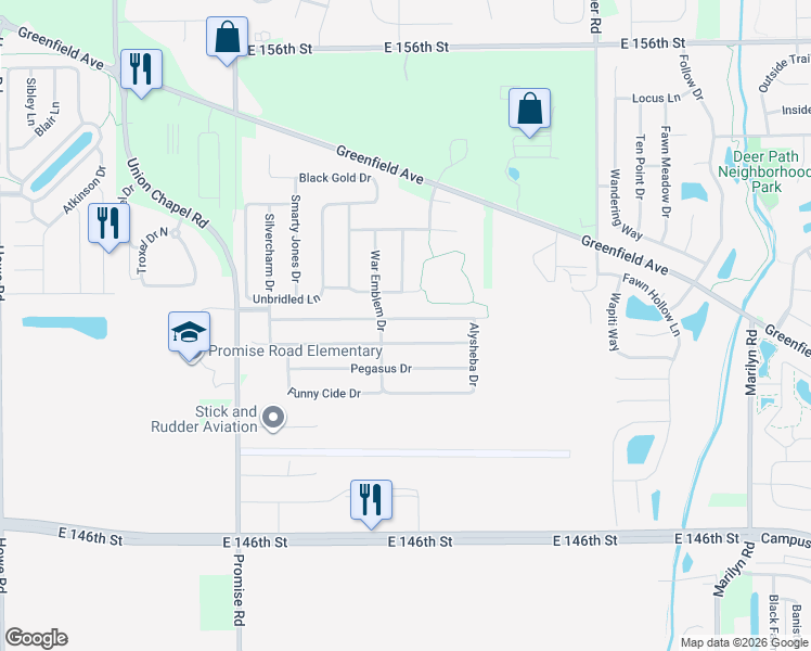 map of restaurants, bars, coffee shops, grocery stores, and more near 11407 Seabiscuit Drive in Noblesville
