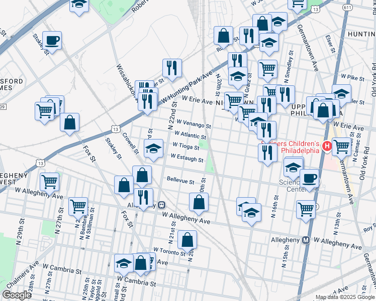 map of restaurants, bars, coffee shops, grocery stores, and more near 2040 West Tioga Street in Philadelphia