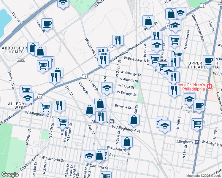 map of restaurants, bars, coffee shops, grocery stores, and more near 2209 West Estaugh Street in Philadelphia