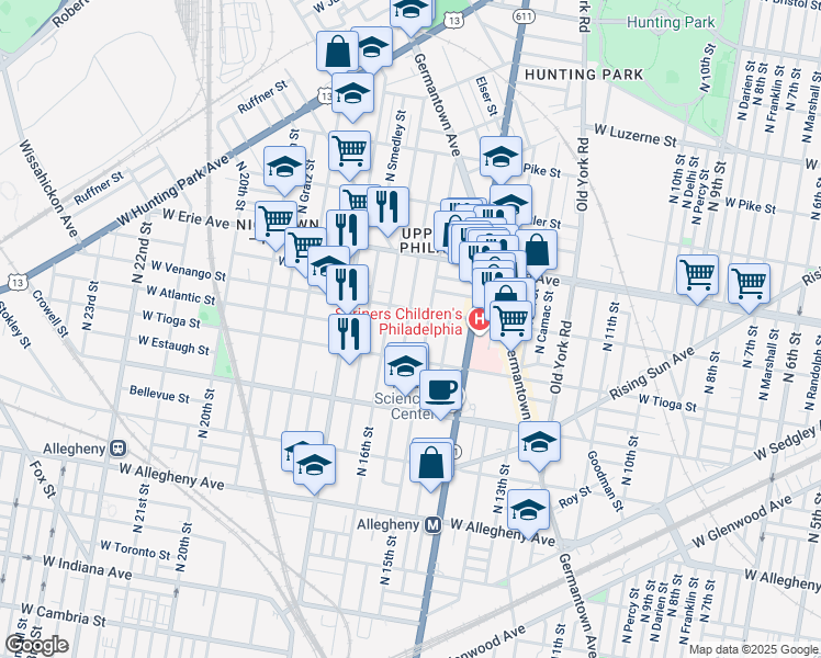 map of restaurants, bars, coffee shops, grocery stores, and more near 3525 North Sydenham Street in Philadelphia