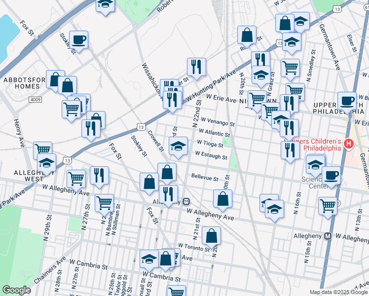 map of restaurants, bars, coffee shops, grocery stores, and more near 2209 West Estaugh Street in Philadelphia