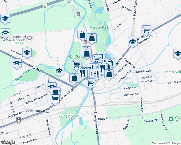 map of restaurants, bars, coffee shops, grocery stores, and more near in Downingtown