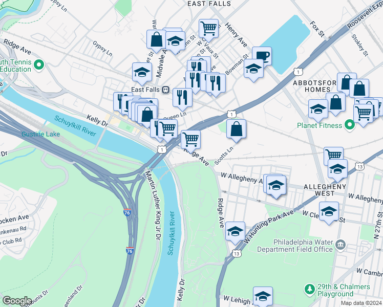 map of restaurants, bars, coffee shops, grocery stores, and more near 4024 Ridge Ave in Philadelphia