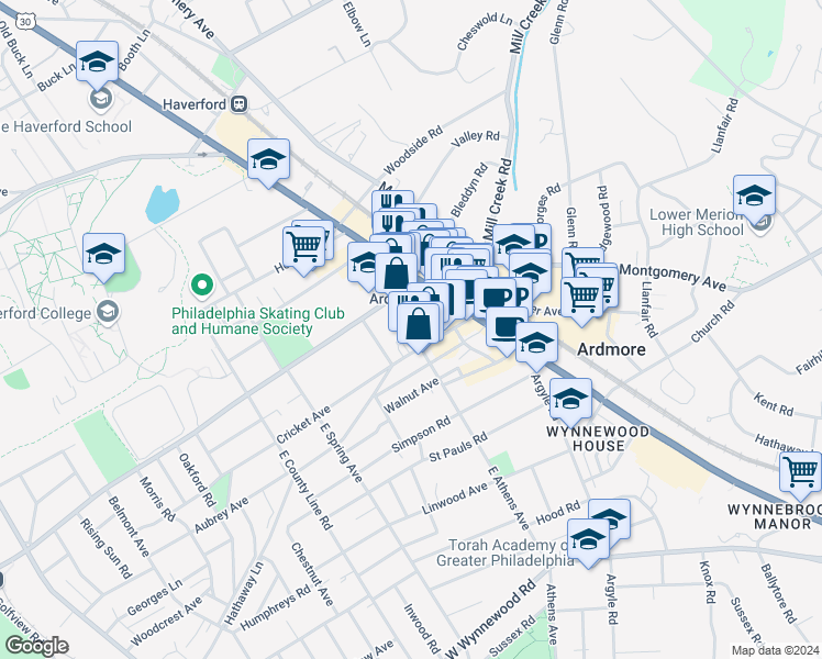 map of restaurants, bars, coffee shops, grocery stores, and more near 10 West Athens Avenue in Ardmore
