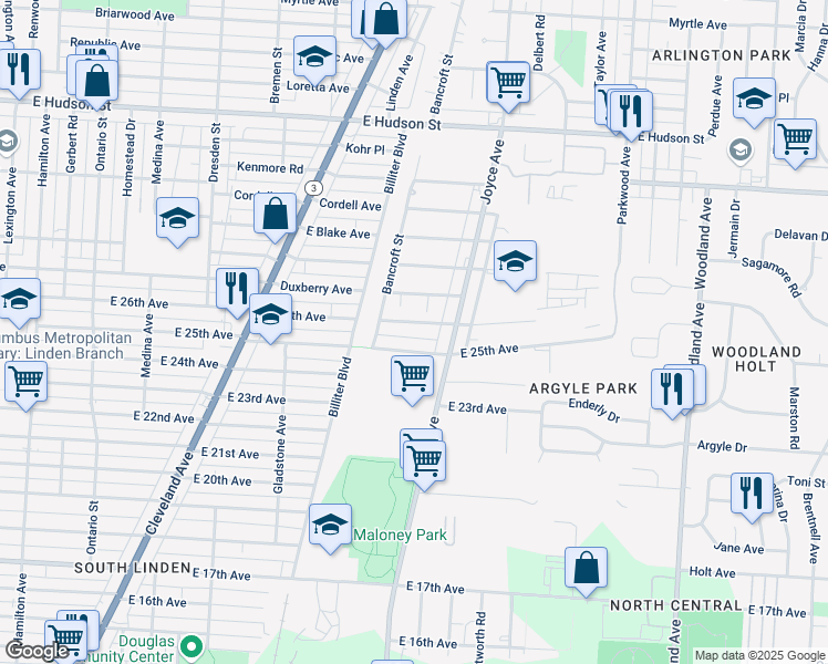 map of restaurants, bars, coffee shops, grocery stores, and more near 1636 East 26th Avenue in Columbus