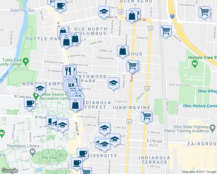 map of restaurants, bars, coffee shops, grocery stores, and more near 198 East Norwich Avenue in Columbus