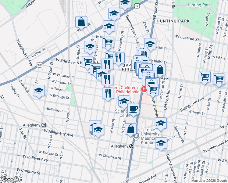 map of restaurants, bars, coffee shops, grocery stores, and more near 1630 West Venango Street in Philadelphia