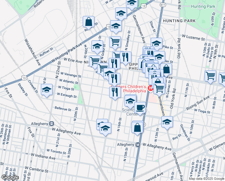 map of restaurants, bars, coffee shops, grocery stores, and more near 3522 North 17th Street in Philadelphia