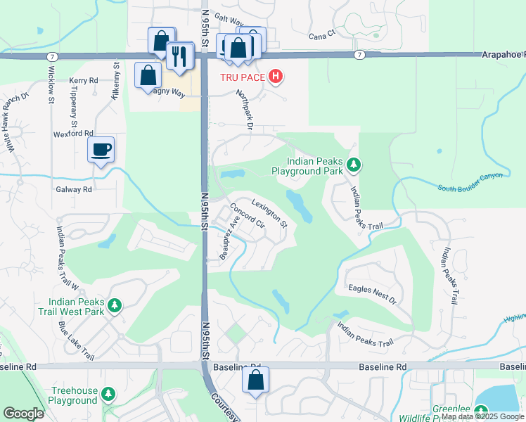 map of restaurants, bars, coffee shops, grocery stores, and more near 2533 Lexington Street in Lafayette