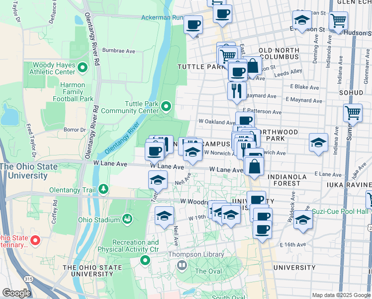 map of restaurants, bars, coffee shops, grocery stores, and more near in Columbus