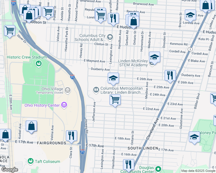 map of restaurants, bars, coffee shops, grocery stores, and more near 2047 Hamilton Avenue in Columbus