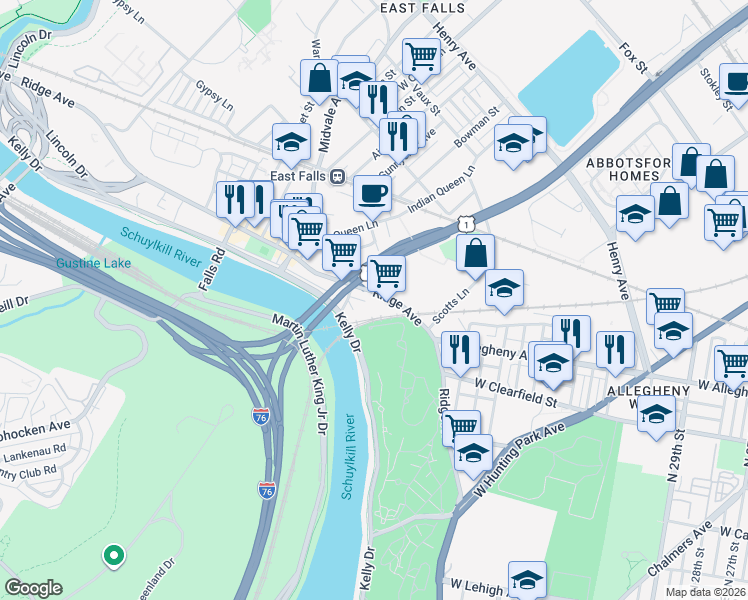 map of restaurants, bars, coffee shops, grocery stores, and more near 4041 Ridge Avenue in Philadelphia