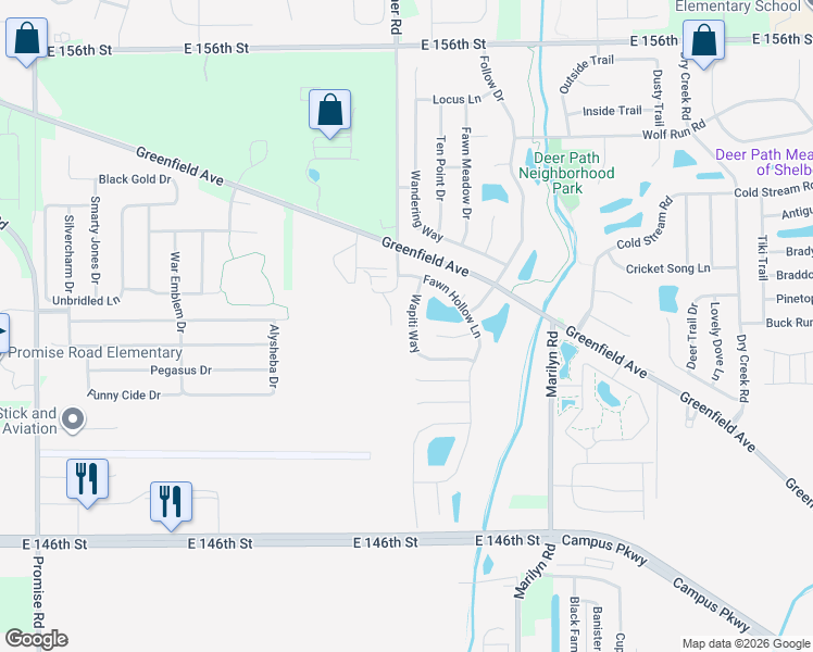 map of restaurants, bars, coffee shops, grocery stores, and more near 11816 Wapiti Way in Noblesville