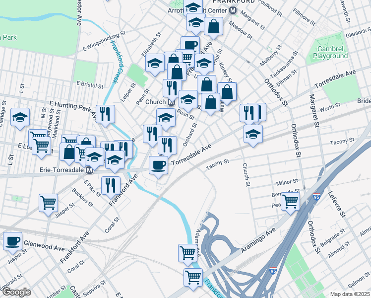 map of restaurants, bars, coffee shops, grocery stores, and more near 4171 Paul Street in Philadelphia