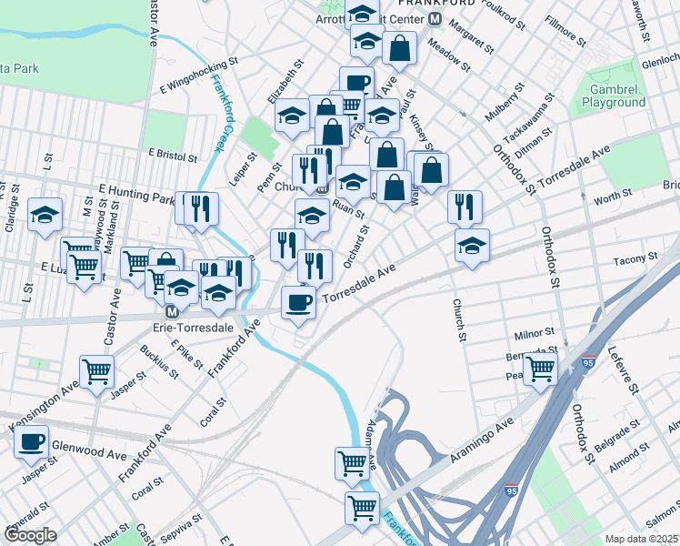 map of restaurants, bars, coffee shops, grocery stores, and more near 4171 Paul Street in Philadelphia