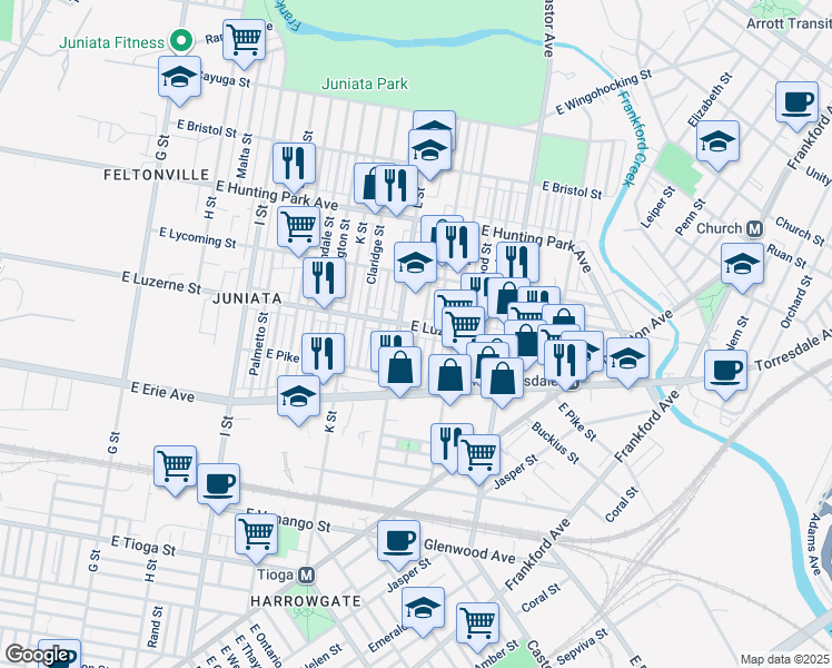 map of restaurants, bars, coffee shops, grocery stores, and more near 1301 East Luzerne Street in Philadelphia