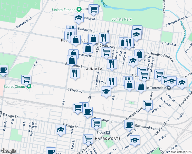 map of restaurants, bars, coffee shops, grocery stores, and more near 3943 Palmetto Street in Philadelphia