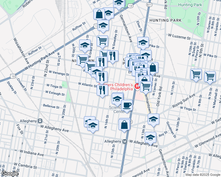 map of restaurants, bars, coffee shops, grocery stores, and more near 1520 West Venango Street in Philadelphia