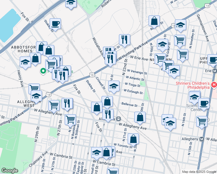 map of restaurants, bars, coffee shops, grocery stores, and more near 3452 North 23rd Street in Philadelphia