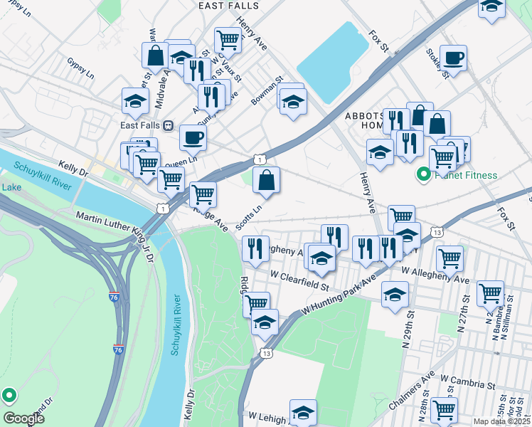 map of restaurants, bars, coffee shops, grocery stores, and more near 2 Scotts Lane in Philadelphia