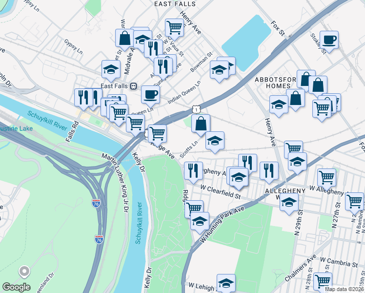 map of restaurants, bars, coffee shops, grocery stores, and more near 4055 Ridge Avenue in Philadelphia