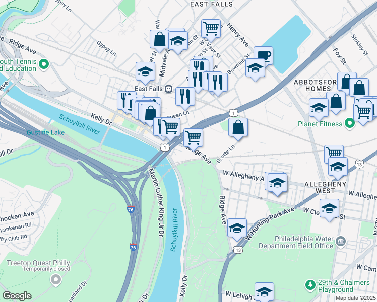 map of restaurants, bars, coffee shops, grocery stores, and more near 4041 Ridge Avenue in Philadelphia