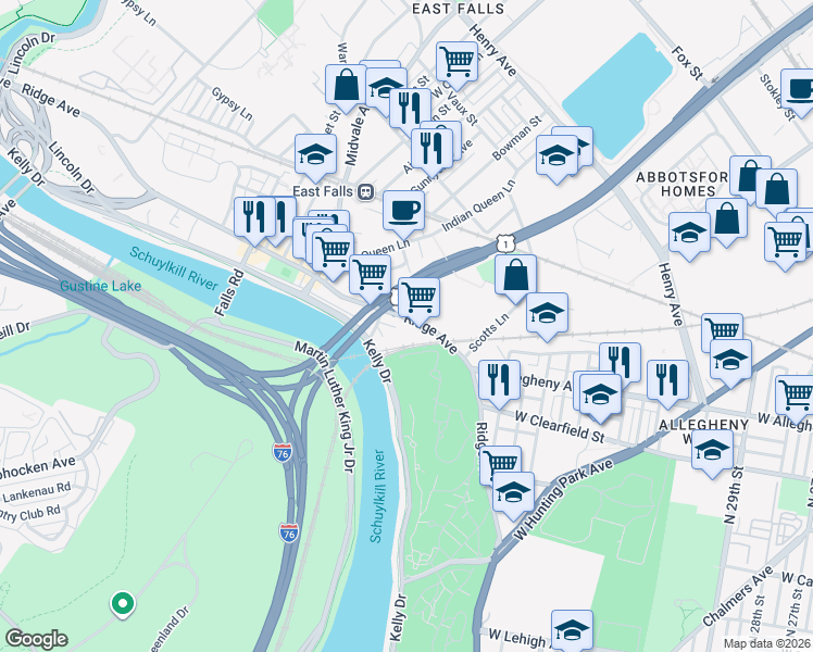 map of restaurants, bars, coffee shops, grocery stores, and more near 4041 Ridge Avenue in Philadelphia