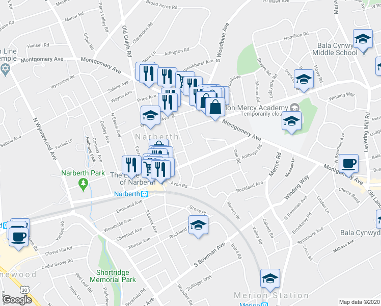 map of restaurants, bars, coffee shops, grocery stores, and more near 211 Iona Avenue in Narberth