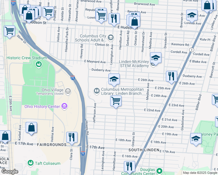 map of restaurants, bars, coffee shops, grocery stores, and more near 1029 East 26th Avenue in Columbus