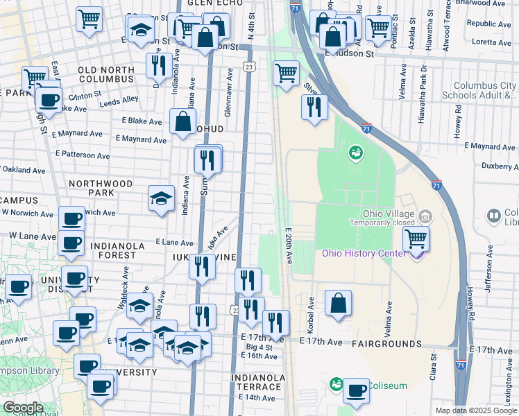 map of restaurants, bars, coffee shops, grocery stores, and more near 492 Alden Avenue in Columbus