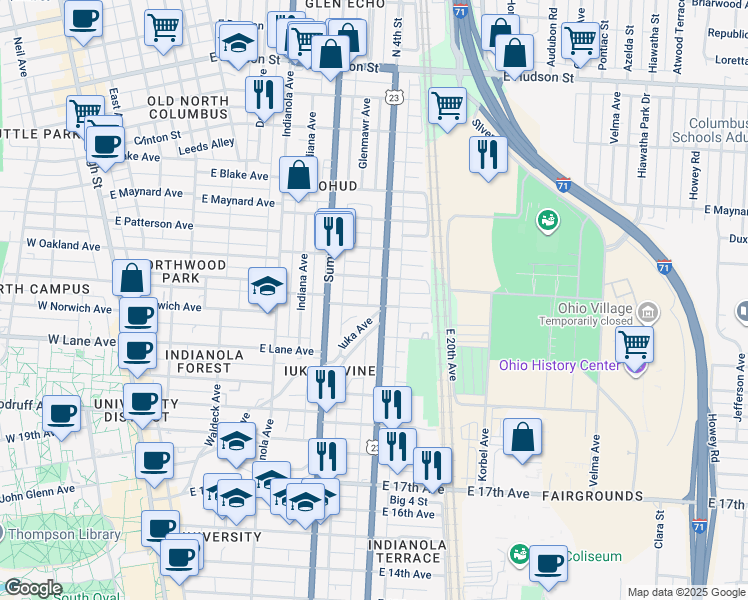 map of restaurants, bars, coffee shops, grocery stores, and more near in Columbus