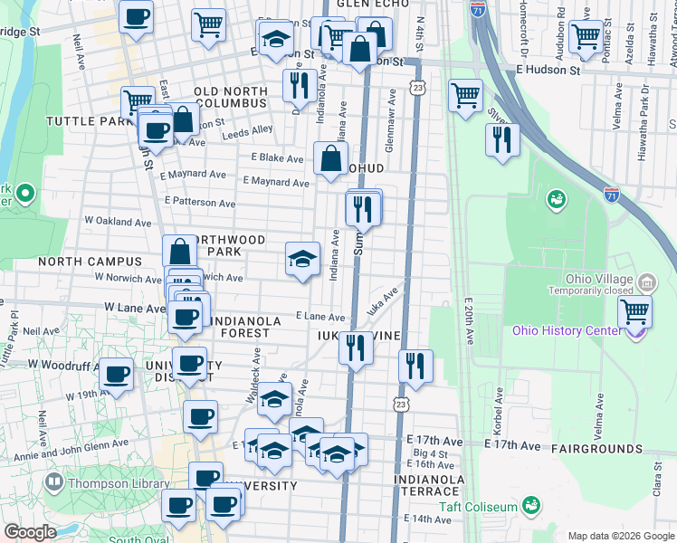 map of restaurants, bars, coffee shops, grocery stores, and more near 2181 Summit Street in Columbus