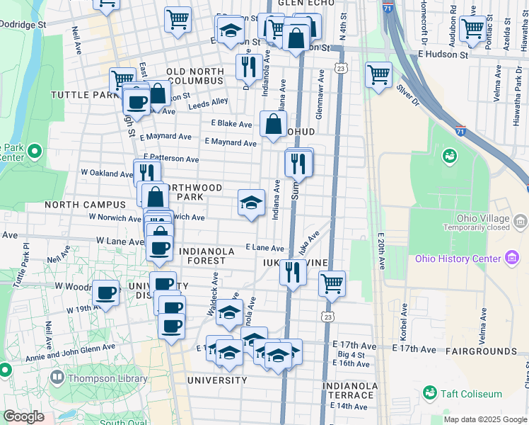 map of restaurants, bars, coffee shops, grocery stores, and more near in Columbus