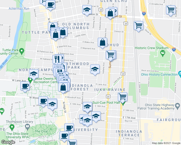 map of restaurants, bars, coffee shops, grocery stores, and more near 205 East Northwood Avenue in Columbus